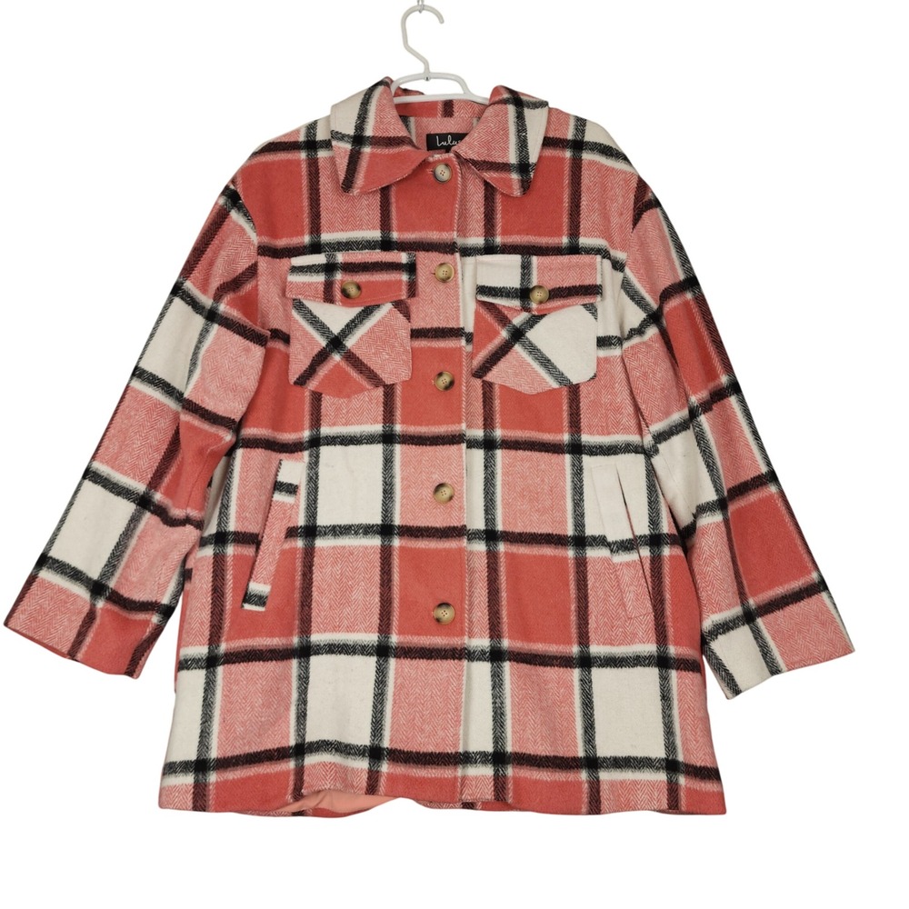 Lulus Plaid Shacket Jacket Women's Size Large Coral White Black Button Down